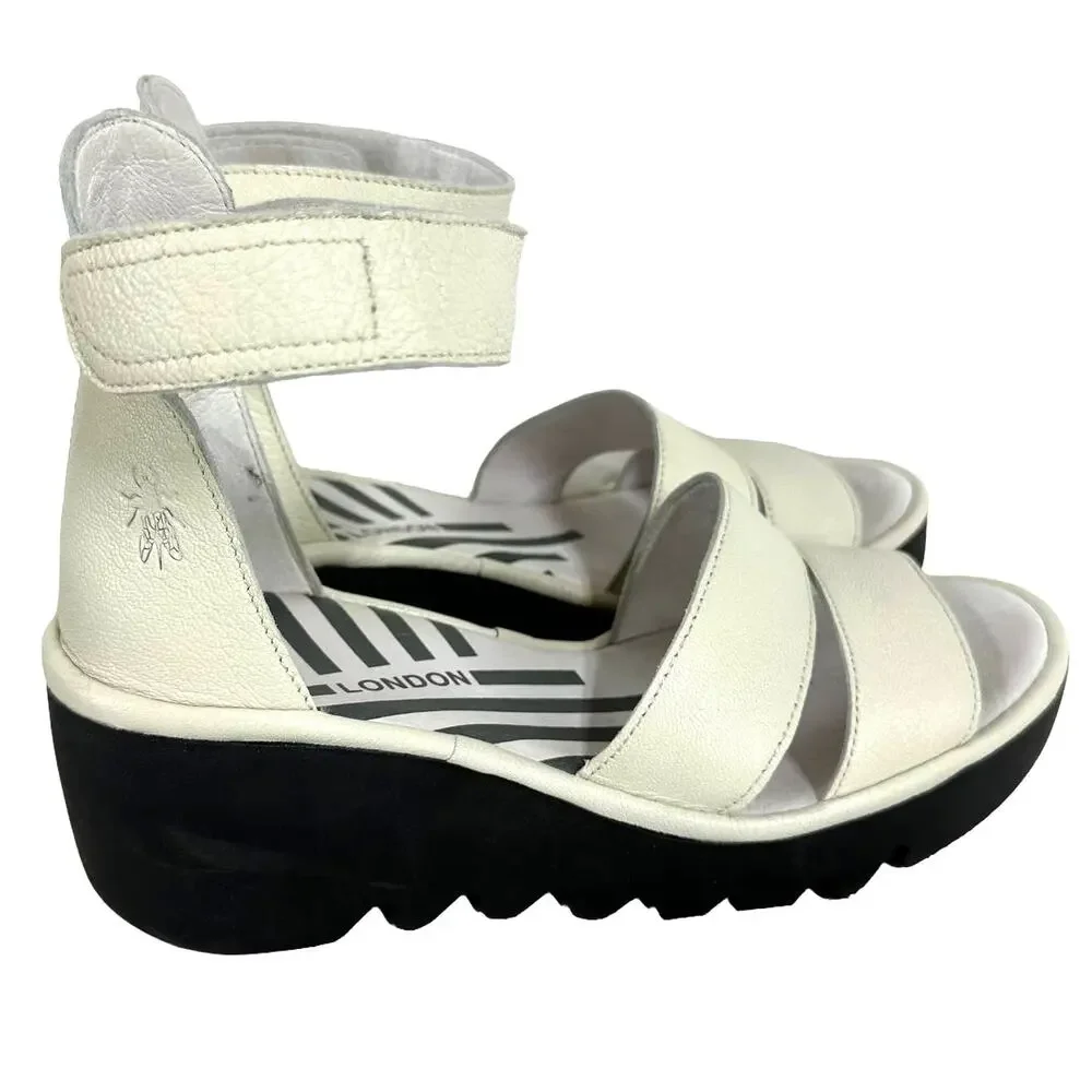 Fly London BONO290FLY Ankle Strap Wedge Sandal Off White Mousse Size 38 (US7.5)